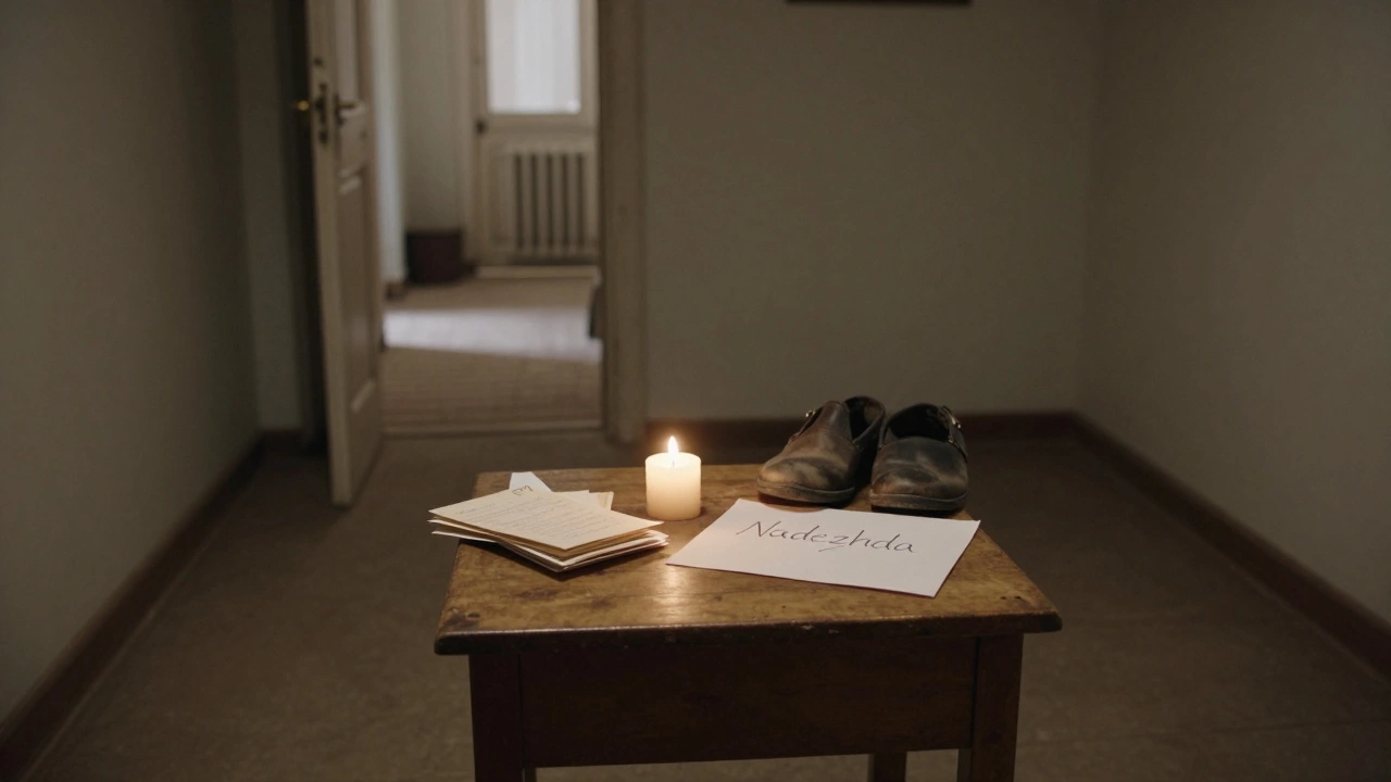 A candlelit basement table holds handwritten letters and a note reading &#039;Nadezhda&#039;, with worn shoes nearby.