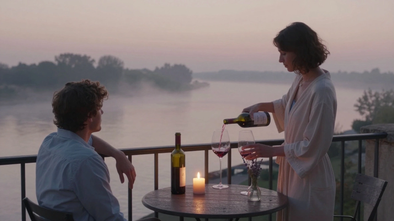 A peaceful balcony at sunrise overlooking the Rhône, with wine and lavender beside two empty chairs.