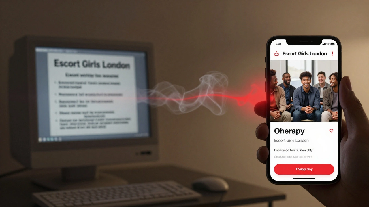 A split image showing old escort ads fading into modern men connecting in a community center.