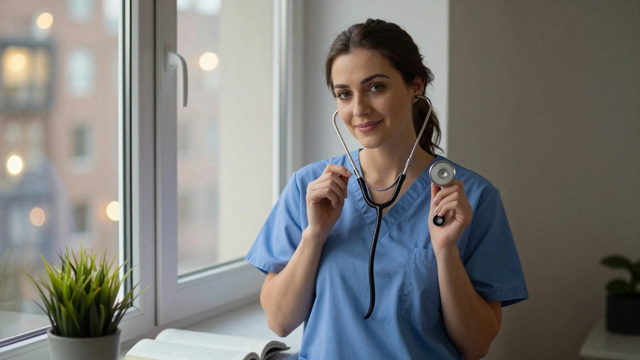 A woman in nursing scrubs smiles beside a window, holding a stethoscope, symbolizing new beginnings.