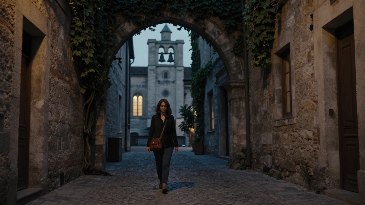 A woman walks alone through a quiet Avignon alley at twilight, surrounded by historic stone walls.