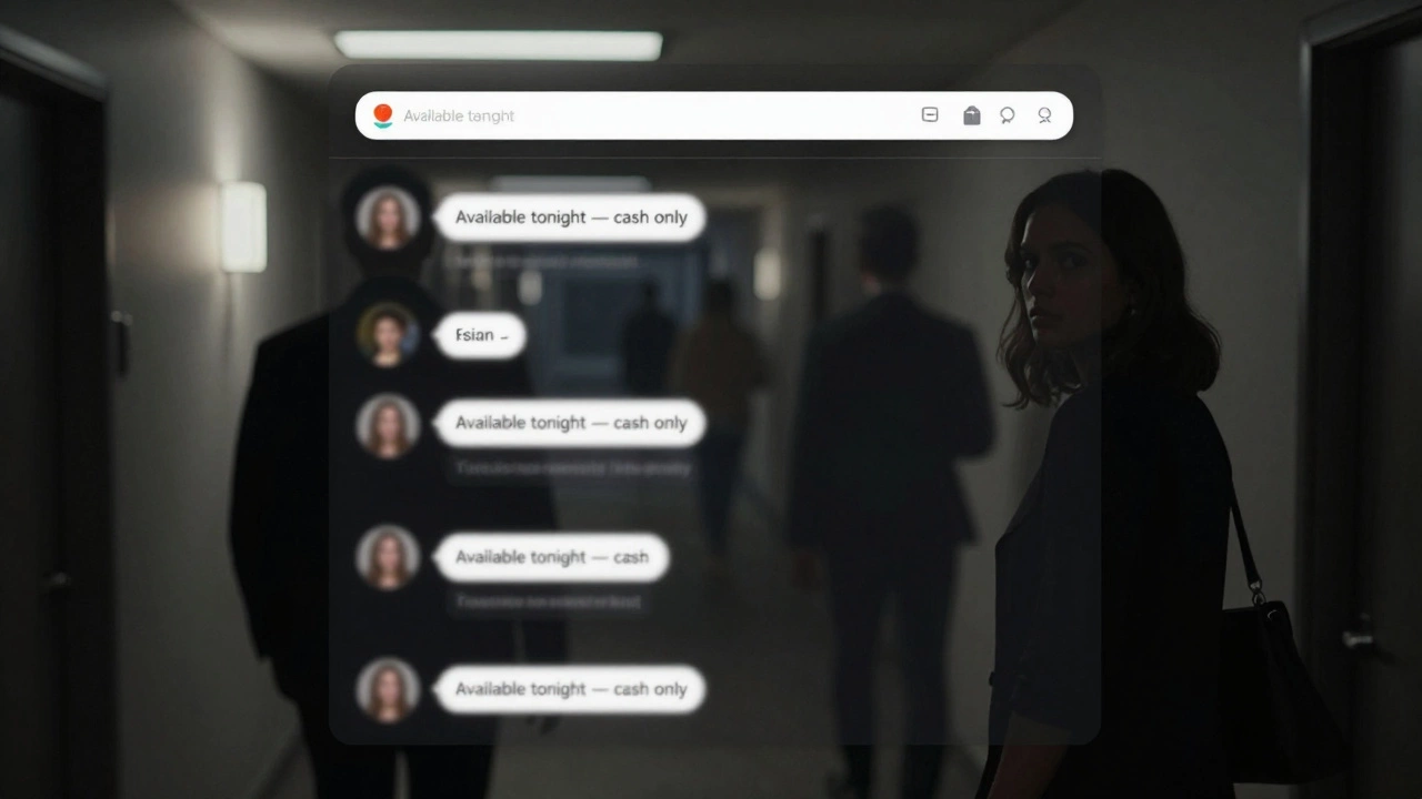 Shadowy figures move down a hotel corridor as a dark Telegram screen displays cryptic escort messages.